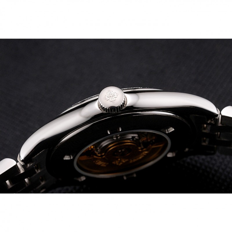 Swiss Patek Philippe Calatrava Black Openworked Dial Diamond Bezel Stainless Steel Case And Bracelet-8