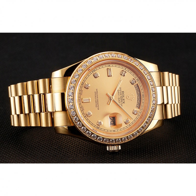Swiss Rolex Day-Date Champagne Dial Diamond Bezel Gold Bracelet 1454099-3