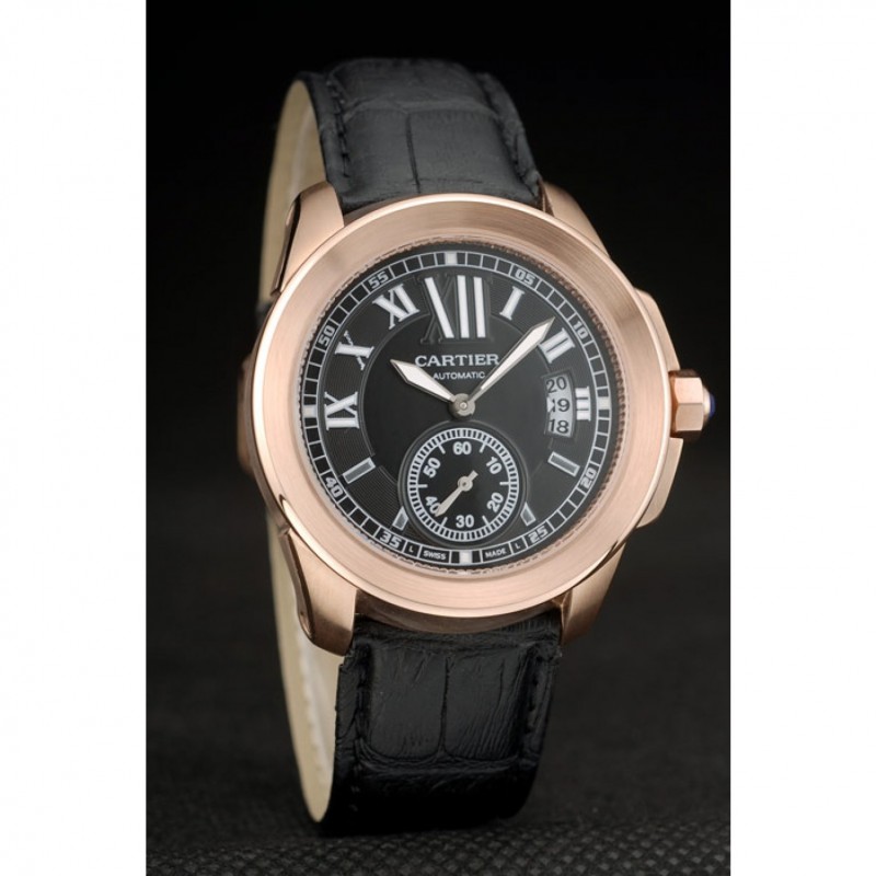 Cartier Calibre Black Dial Gold Case Black Leather Bracelet-2