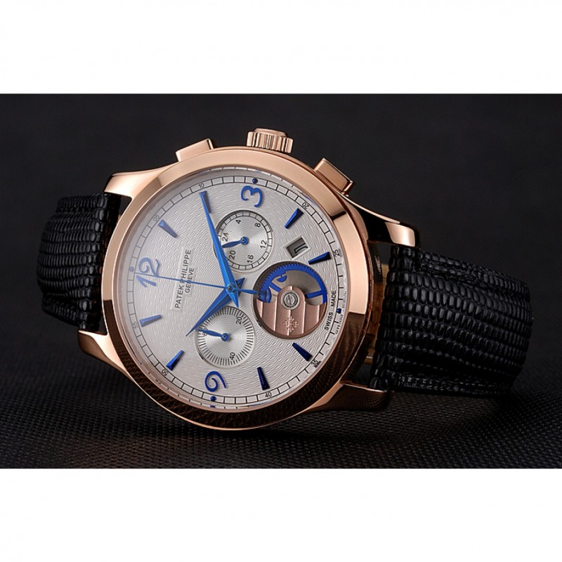 Patek Philippe Chronograph White Guilloche Dial Rose Gold Case Black Leather Strap-3