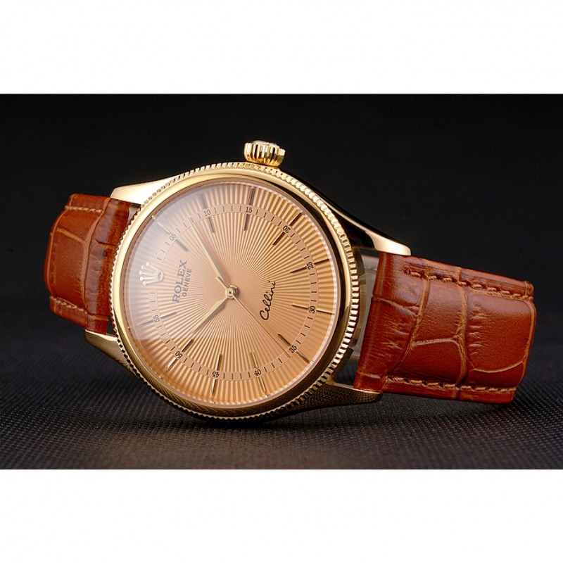 Swiss Rolex Cellini Gold Dial And Markings Gold Case Light Brown Leather Strap-4