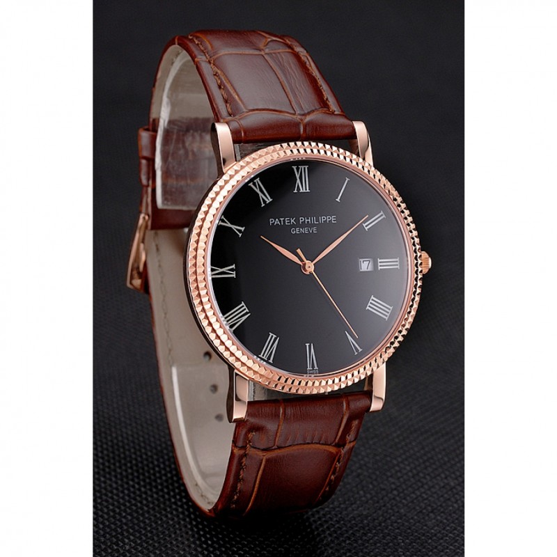 High Quality Patek Philippe Calatrava Black Dial Roman Numerals Ribbed Bezel Rose Gold Case Brown Leather Strap-2