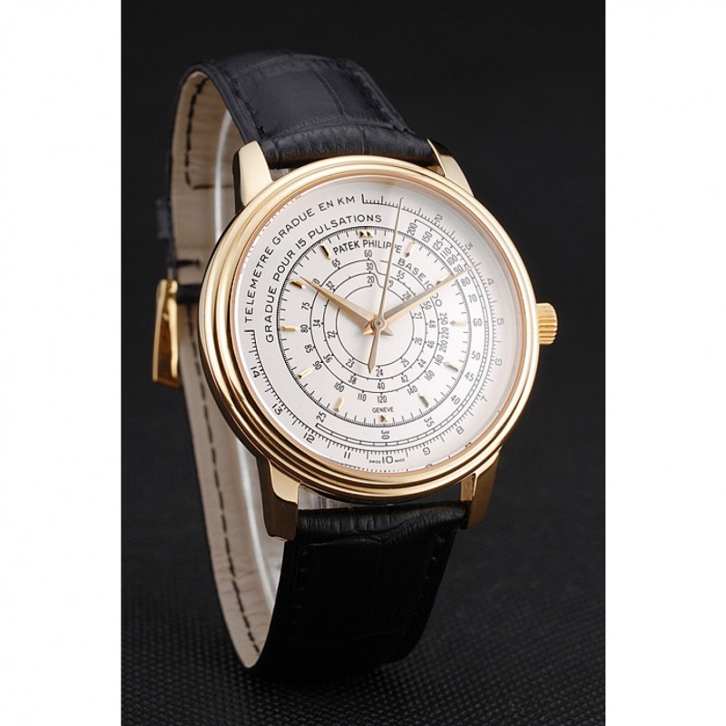 Best Replica Watches Swiss Patek Philippe Multi-Scale Chronograph White Dial Gold Case Black Leather Strap-2