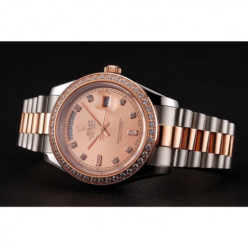 AAA Swiss Rolex Day-Date Diamonds Bezel Rose Gold And Staineless Steel Bracelet 1454107-4