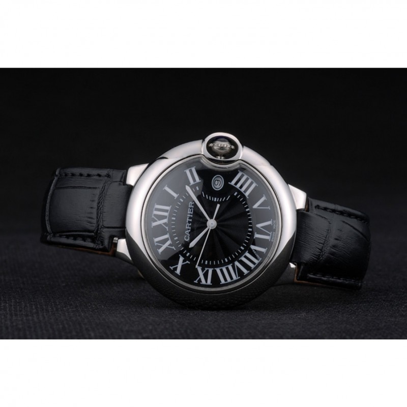 Cheap Replica Watches Cartier Ballon Bleu 38mm Black Dial Stainless Steel Case Black Leather Bracelet-4