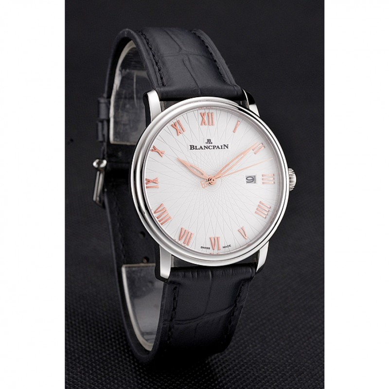 Blancpain Villeret Ultra Slim White Groved Dial Gold Numerals Stainless Steel Case Black Leather Strap-2