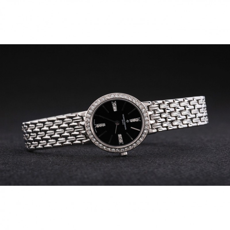 SS Replica Watches Vacheron Constantin Patrimony Traditionnelle Diamond Black Dial Stainless Steel Bracelet-2