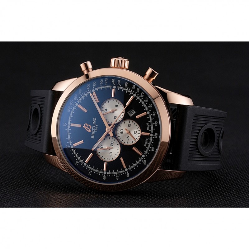 Breitling Transocean Black Dial Black Rubber Strap Rose Gold Bezel 98207-4