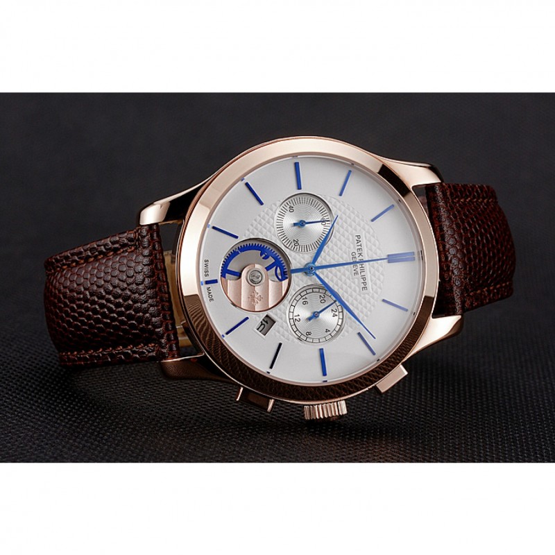 Patek Philippe Chronograph White Dial Rose Gold Case Brown Leather Strap-3