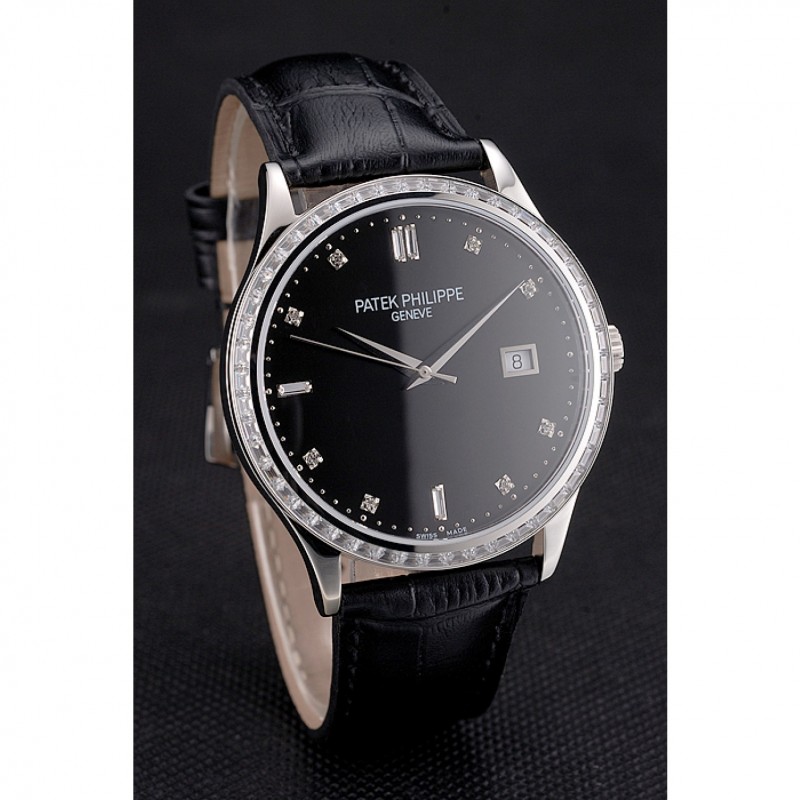 Best Replica Watches Swiss Patek Philippe Calatrava Black Dial Diamond Bezel Stainless Steel Case Black Leather Strap-2