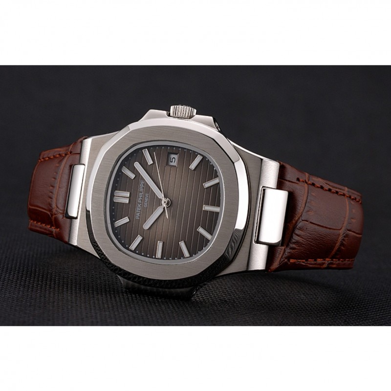 Patek Philippe Nautilus Brown Dial Brushed Stainless Steel Case Brown Leather Strap-4