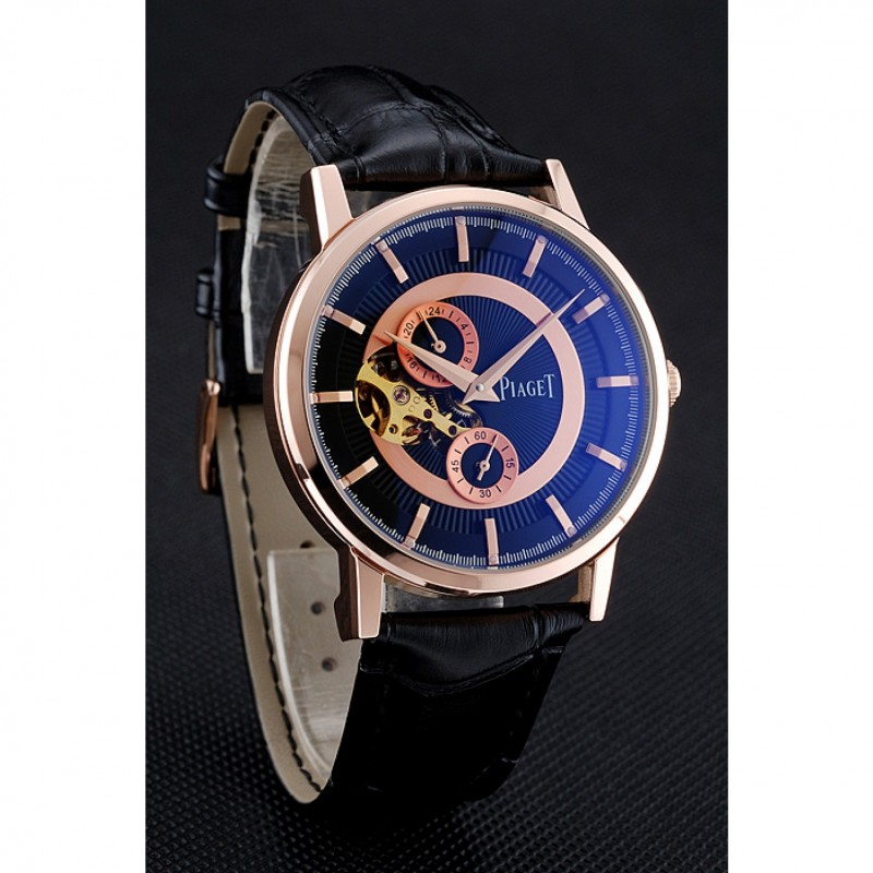 High Quality Replica Watches Piaget Altiplano Chronograph Black Dial Gold Case Black Leather Bracelet 1454047-2
