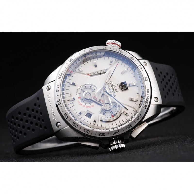High Quality Replica Watches Tag Heuer Swiss Carrera Tachymeter Bezel Perforated Black Rubber Strap White Dial-3