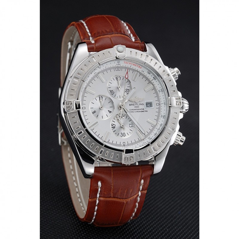 Breitling Chronomat 13 Stainless Steel Case White Dial Brown Leather Bracelet 622239-2