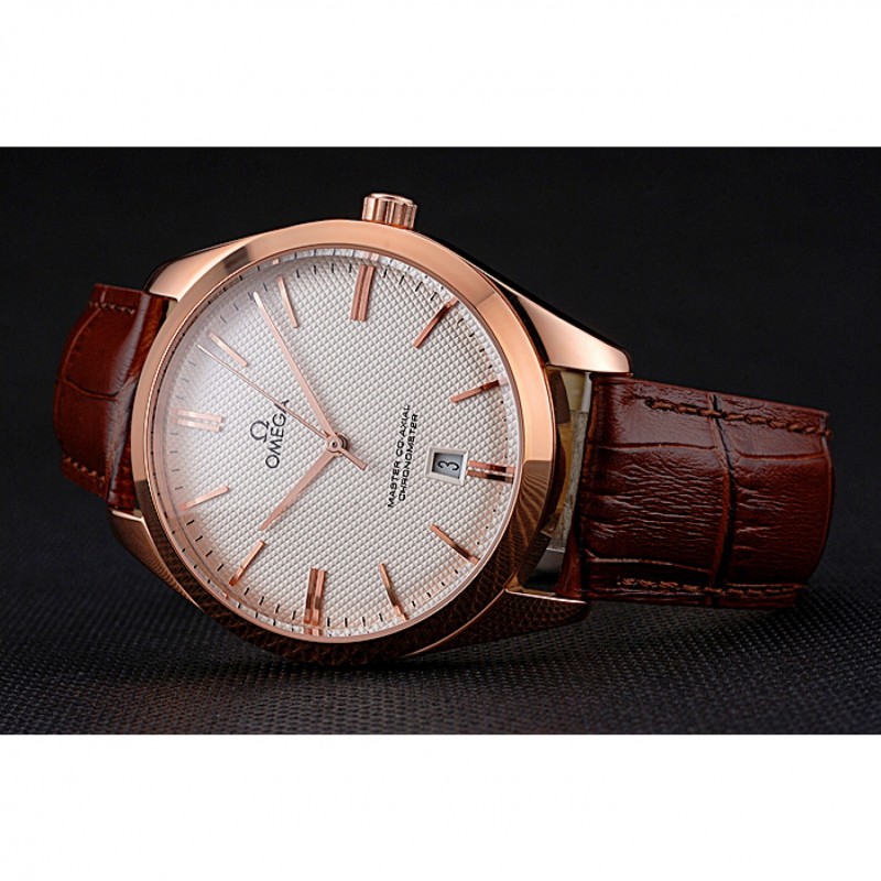 Omega Tresor Master Co-Axial White Dial Rose Gold Case Brown Leather Strap-4
