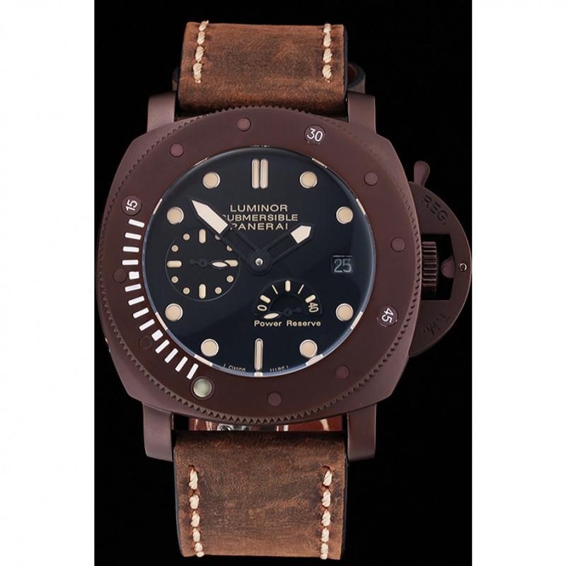 Cheap Replica Watches Panerai Luminor Submersible Black Dial Brown Case Brown Leather Strap-1