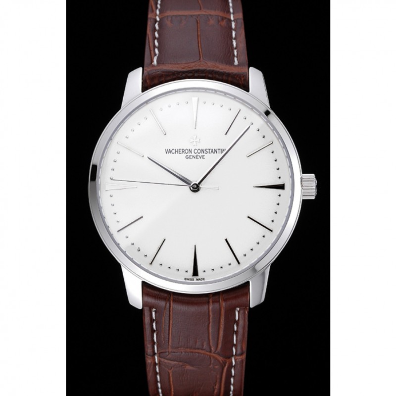 Swiss Vacheron Constantin Patrimony White Dial Silver Case Brown Leather Bracelet 1454158-1