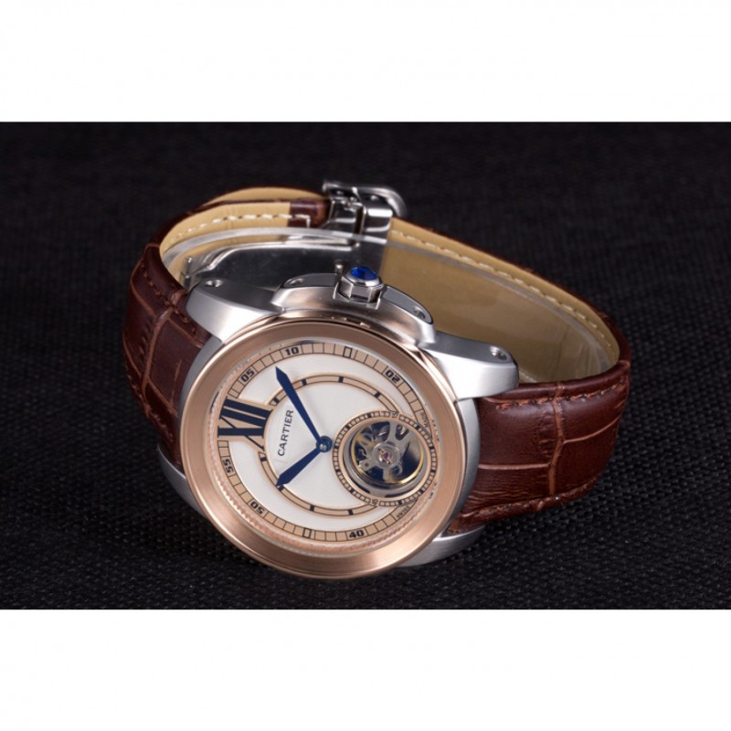 SS Replica Watches Cartier Calibre Flying Tourbillon White Dial Two Tone Case Brown Leather Bracelet-4