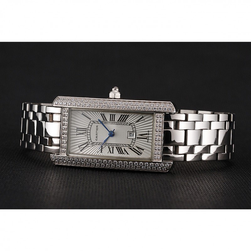 AAA Cartier Tank Americaine White Dial Diamond Bezel Stainless Steel Case And Bracelet 1453777-3