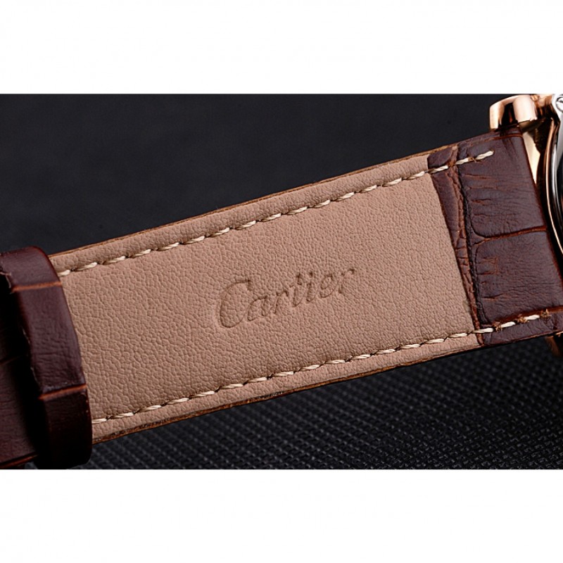 SS Cartier Rotonde Date White Dial Rose Gold Case Brown Leather Strap-6