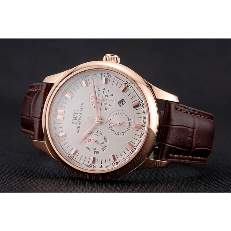 Swiss IWC Portugieser Perpetual Calendar White Dial Rose Gold Case Brown Leather Strap-3