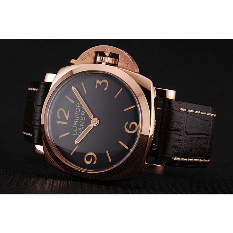 Swiss Panerai Luminor Black Dial Rose Gold Case Brown Leather Strap 1453842-4