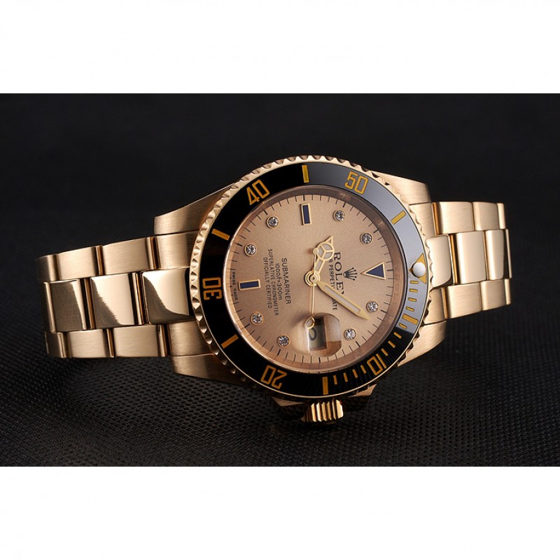 Swiss Rolex Submariner Gold Dial With Diamond Markings Black Bezel Yellow Gold Case And Bracelet-3