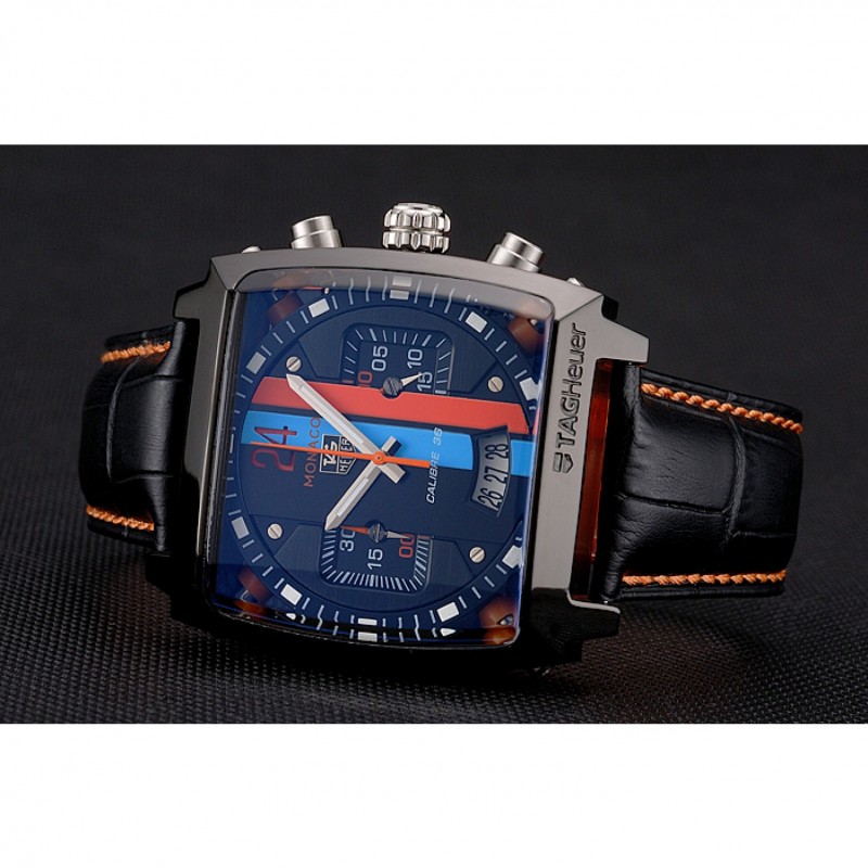 Tag Heuer Monaco Calibre 36 Blue And Orange Stripes Dial Black Leather Strap 622302-4