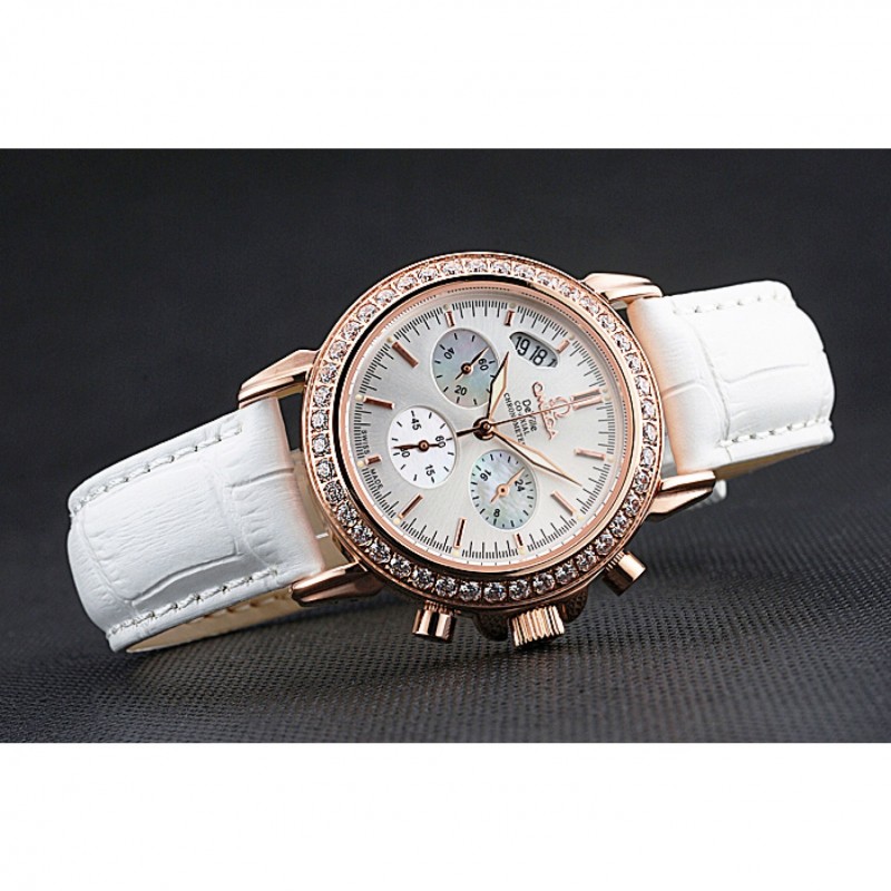 High Quality Replica Watches Omega Speedmaster Chronograph White Dial Gold Diamond Case White Leather Bracelet 622455-3