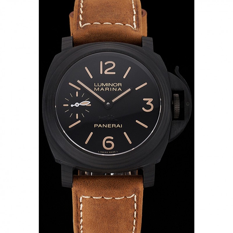 Swiss Panerai Luminor Marina Black Dial Black Case Brown Leather Strap-1