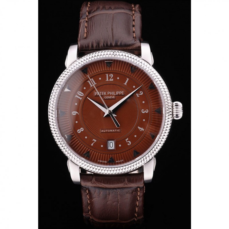 Patek Philippe Swiss Calatrava Ribbed Bezel Brown Dial Brown Leather Strap 7658-1