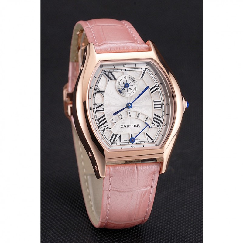 Best Replica Watches Cartier Tortue Perpetual Calendar White Dial Gold Case Pink Leather Strap-2
