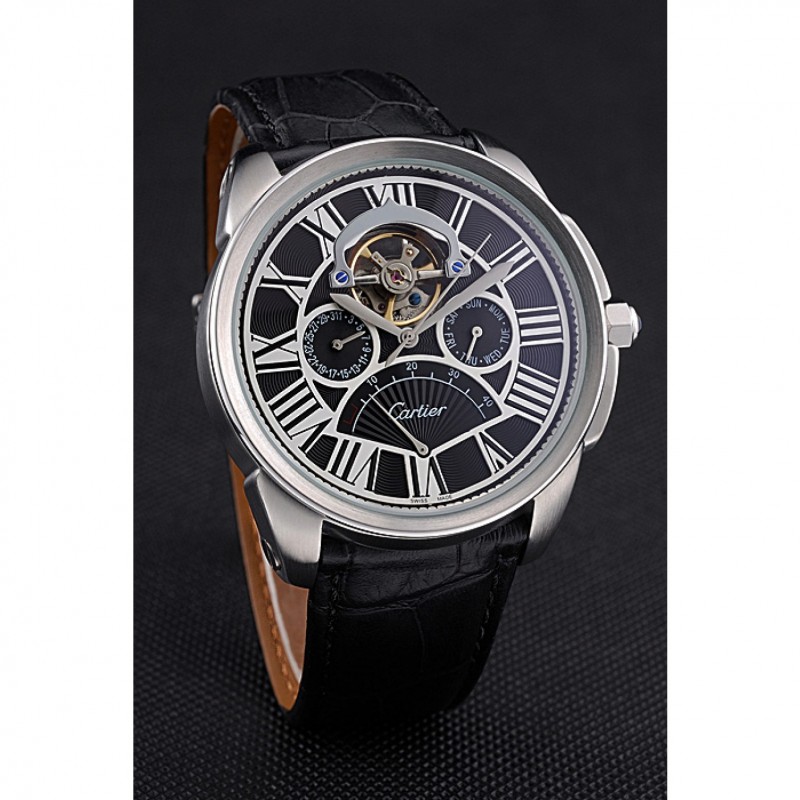 High End Replica Watches Cartier Calibre Tourbillon Black Dial Stainless Steel Case Black Leather Strap 622752-2