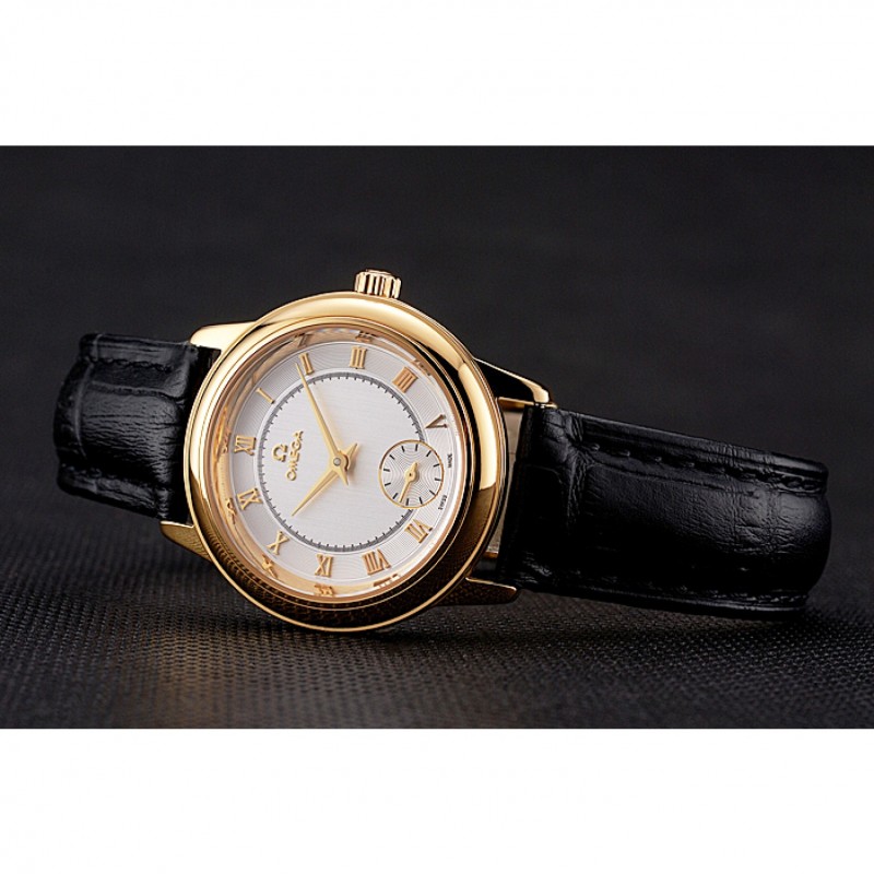 Omega De Ville Prestige Small Seconds White Dial Gold Case Black Leather Strap-4
