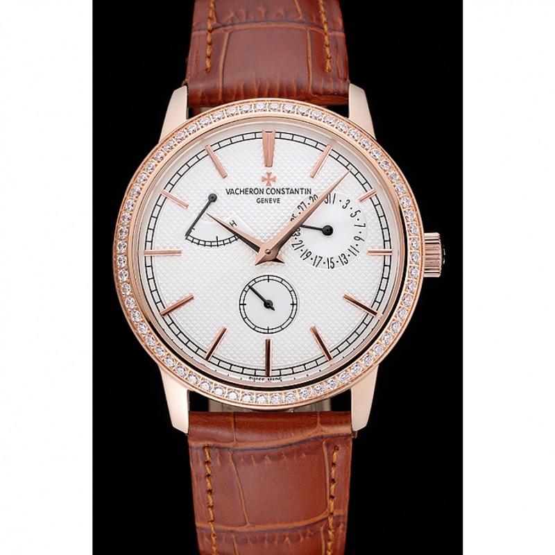 Vacheron Constantin Patrimony Power Reserve White Dial Gold Diamond Case Brown Leather Bracelet 1454268-1