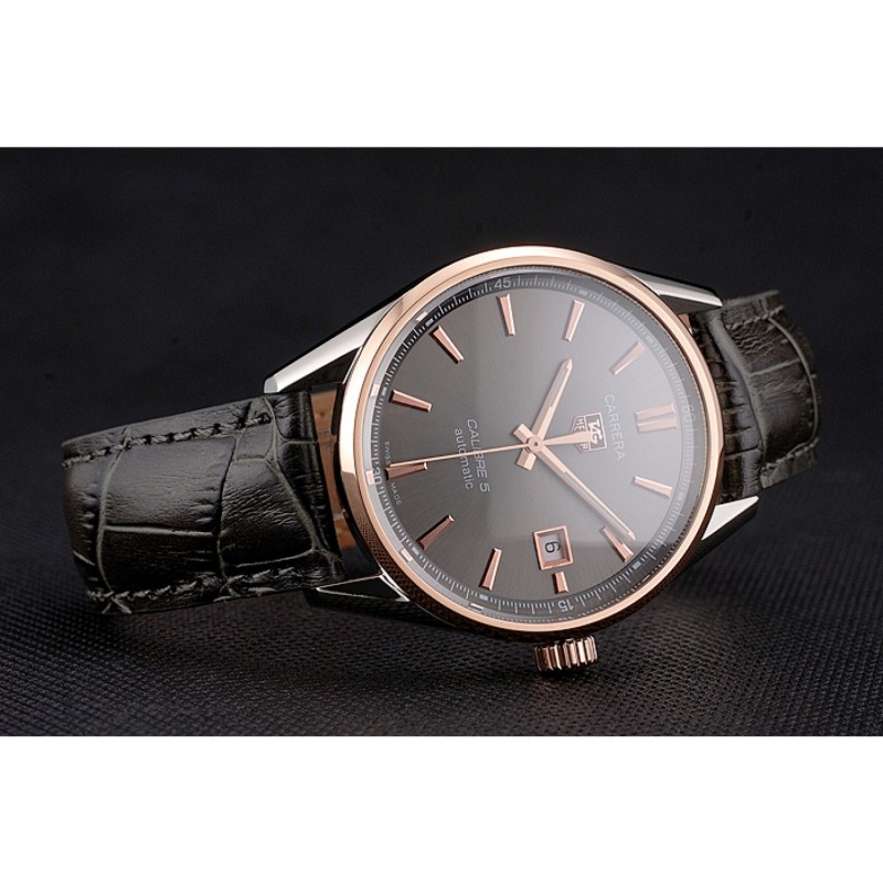 Best Replica Watches Swiss Tag Heuer Carrera Calibre 5 Gray Dial Rose Gold Case Black Leather Strap-3