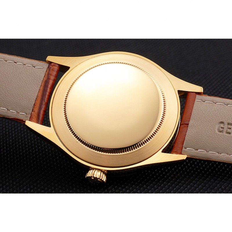 Swiss Rolex Cellini Date Gold Guilloche Dial Gold Case Light Brown Leather Strap-7