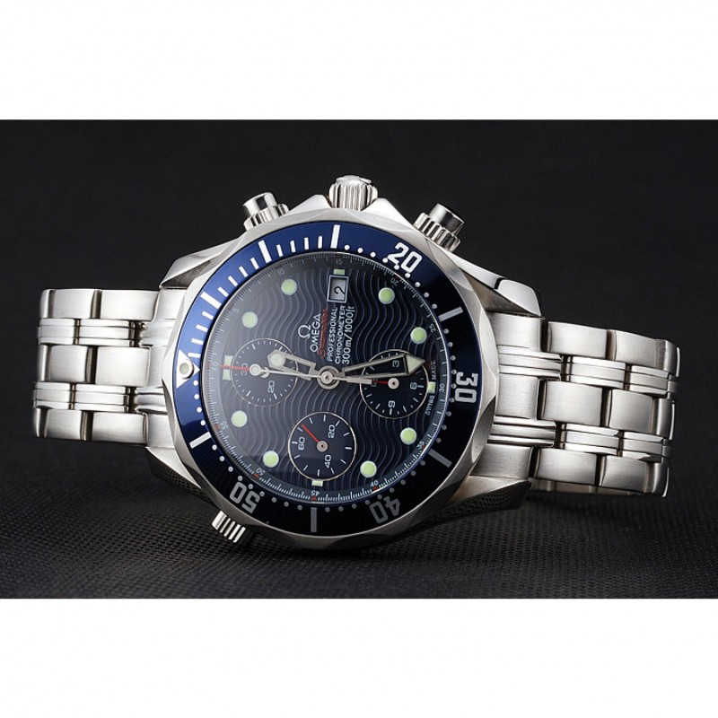 Swiss Omega Seamaster Chronograph 300m Blue Dial Blue Bezel Stainless Steel Case And Bracelet-3