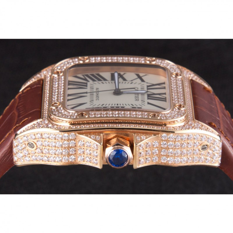 Swiss Cartier Santos Rose Gold Bezel with Diamonds and Brown Leather Strap sct46 621530-5
