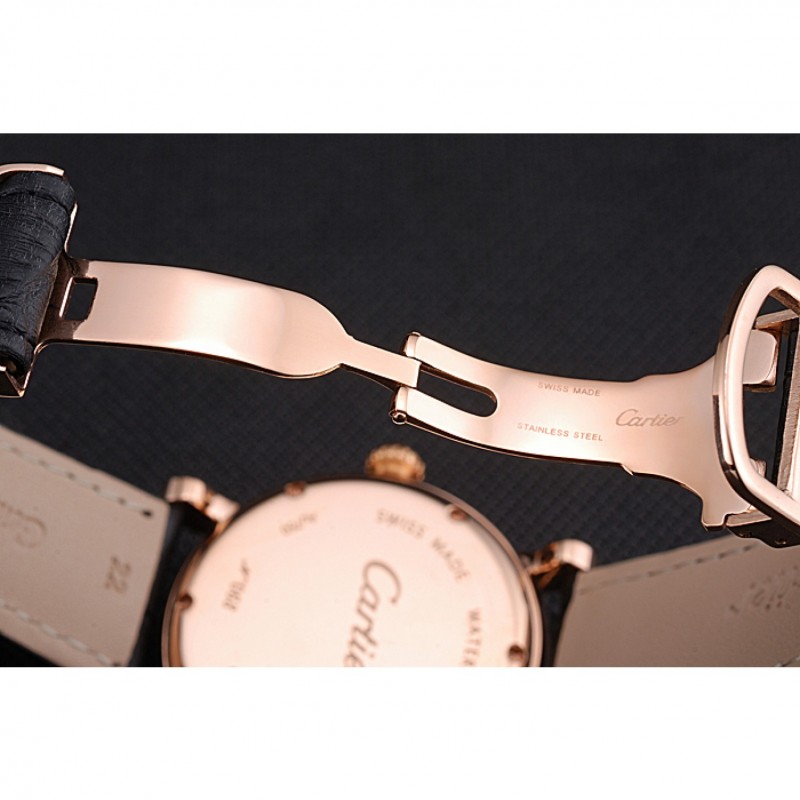 High Quality Replica Watches Cartier Rotonde Black And White Dial Gold Case With Jewels Black Leather Strap 622758-6
