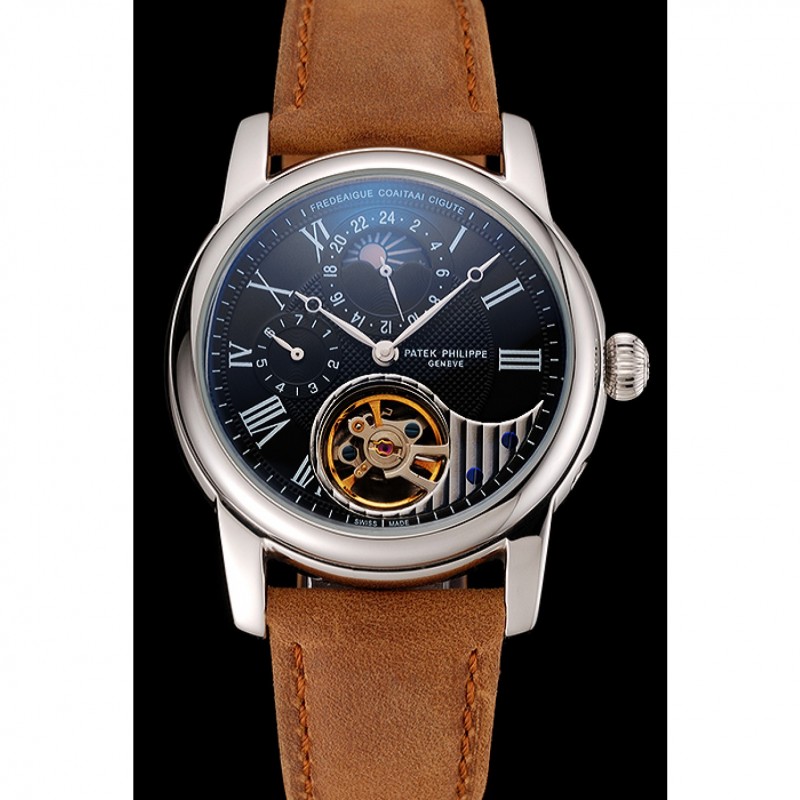 Patek Philippe Grand Complications GMT Moonphase Tourbillon Black Dial Stainless Steel Case Brown Suede Leather Strap 1453822-1