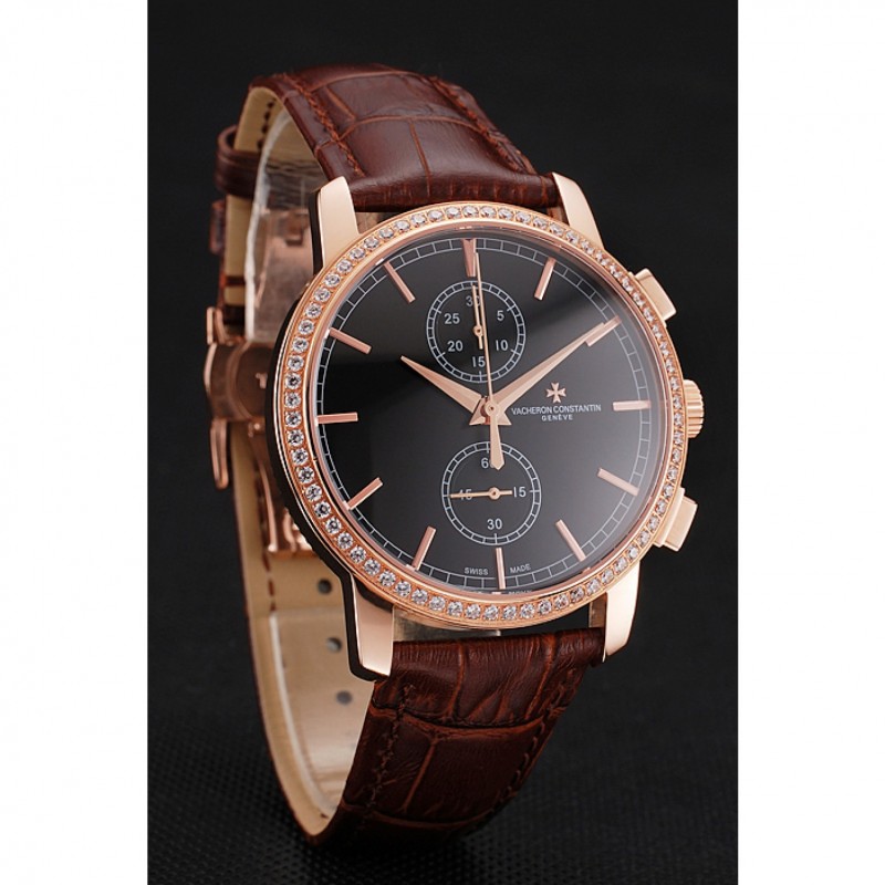 AAA Replica Watches Swiss Vacheron Constantin Patrimony Traditionnelle Chronograph Black Dial Diamond Bezel Rose Gold Case Brown Leather Strap 1453765-2