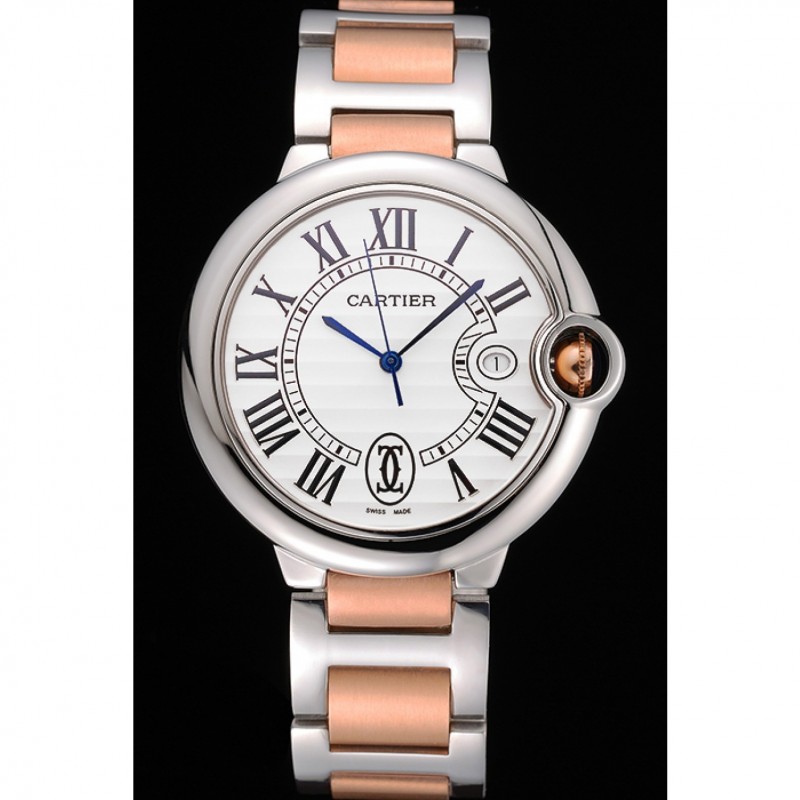 Swiss Ballon Blue De Cartier Steel Case White Dial Roman Numerals Two Tone Bracelet 622646-1