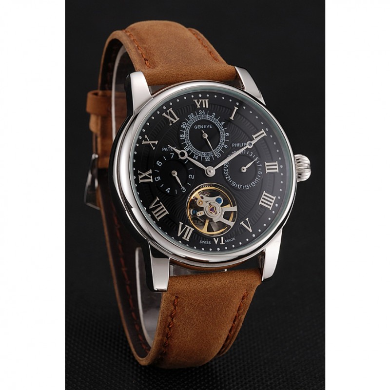 Patek Philippe Grand Complications Day Date Tourbillon Black Dial Numerals Stainless Steel Case Brown Suede Leather Strap 1453816-2