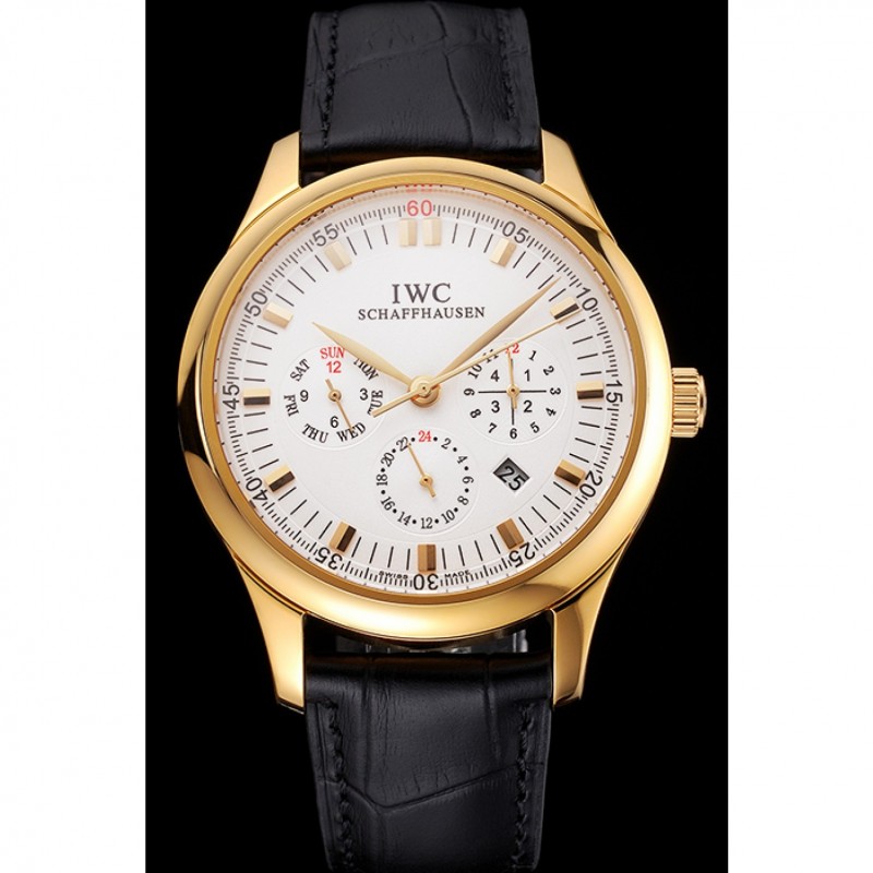 Luxury Replica Watches Swiss IWC Portugieser Perpetual Calendar White Dial Gold Case Black Leather Strap-1