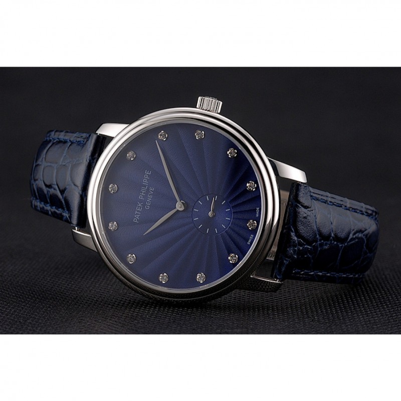 Patek Philippe Calatrava Blue Guilloche Dial Stainless Steel Case Blue Leather Strap-4