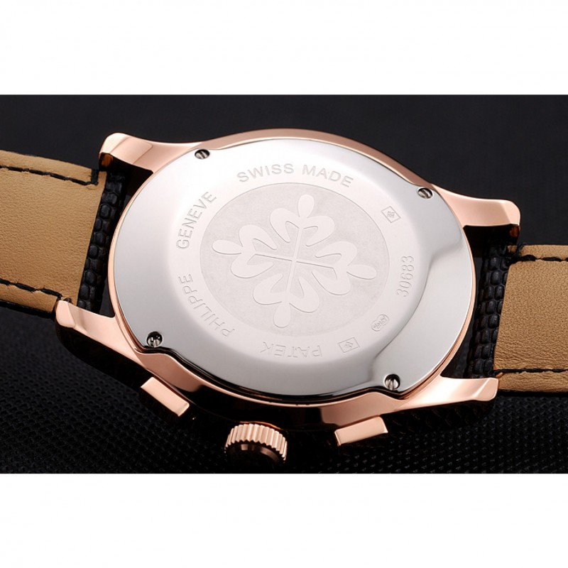 Patek Philippe Chronograph White Guilloche Dial Rose Gold Case Black Leather Strap-7