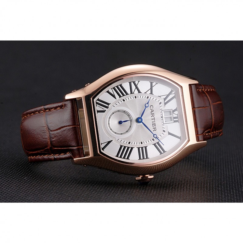 Cartier Tortue Large Date White Dial Gold Case Brown Leather Strap-3