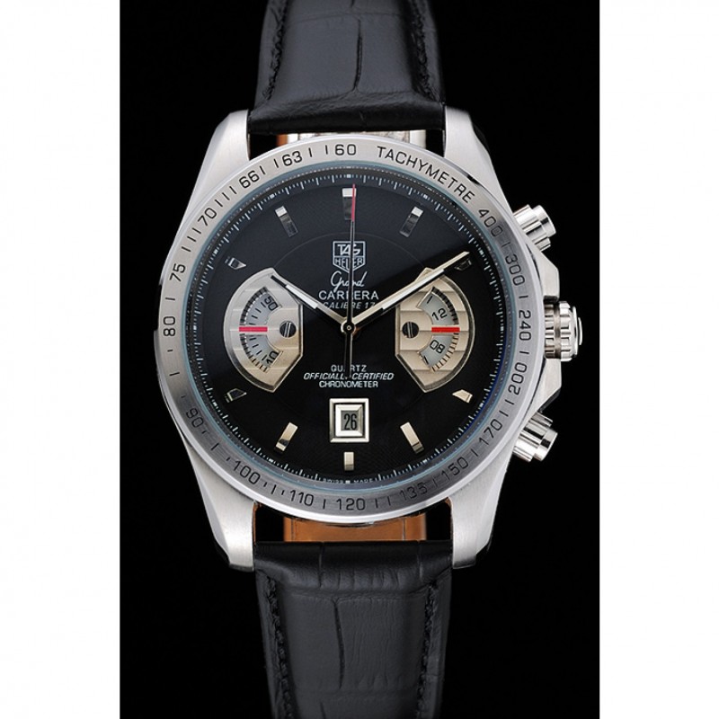 SS Tag Heuer Carrera Tachymeter Bezel Black Dial Black Leather Strap-1