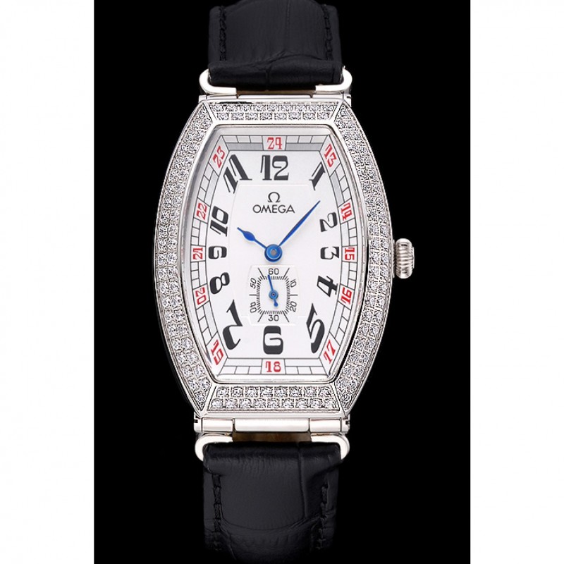 High End Omega Sochi Petrograd White Dial With Diamonds Stainless Steel Case Black Leather Strap 622823-1